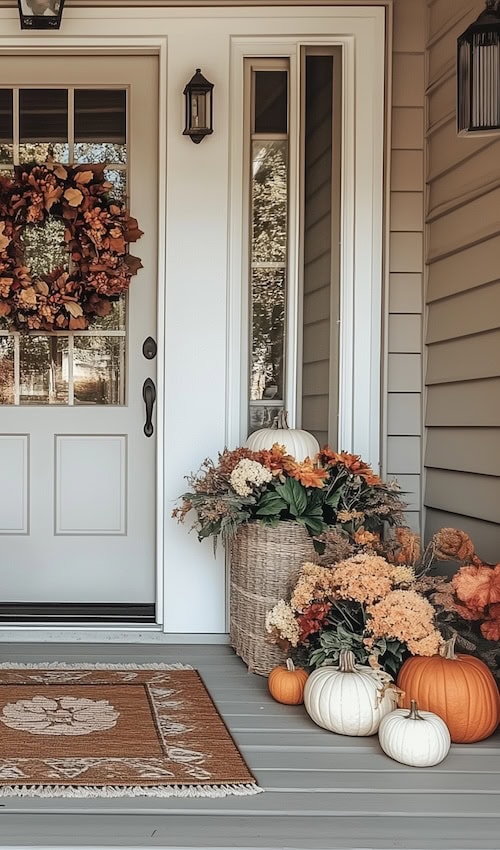 Festive front porcc decorated for Fall with wreath, pumkins, mums, gourds and Autumn colors