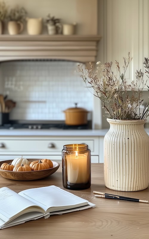 candle flickers in kitchen decorated for Fall