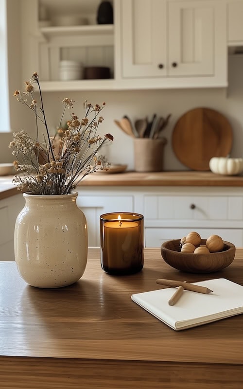 warm candle lighting in fall kitchen decor