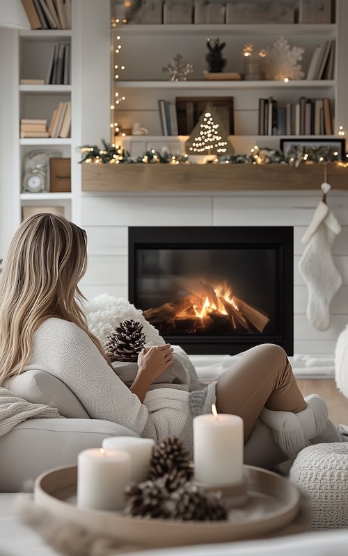 homeowner enjoys seasonal decor in her living room in november 