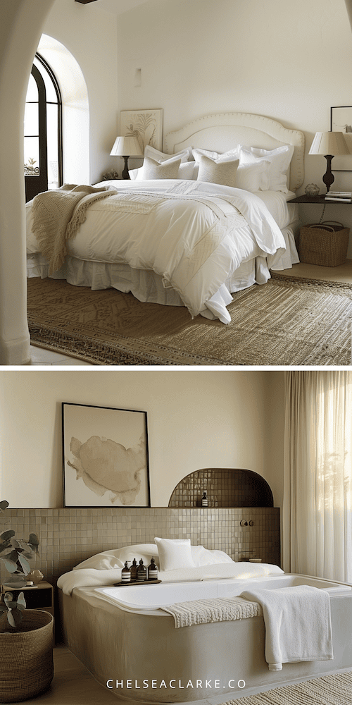 images of a primary suite with bedroom and ensuite bathroom decorated in cozy moody style for Fall