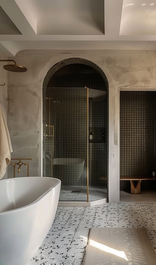 impressive moody style bathroom in modern primary suite