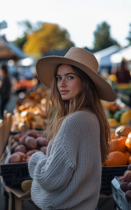 stylish young woman visits a farmers market in october