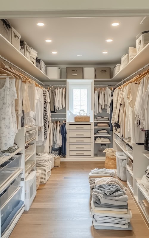 inside a walk-in closet being organized in October