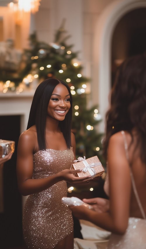 beautiful woman receiving classy hostess guft ideas at her Holiday dinner party