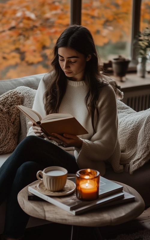 cozy morning as a woman reads a new book and enjoys other things to do in october