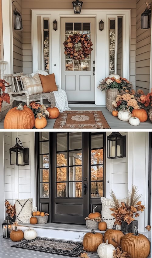 Photographs of two different front porches decortaed with pumpkins in various ways