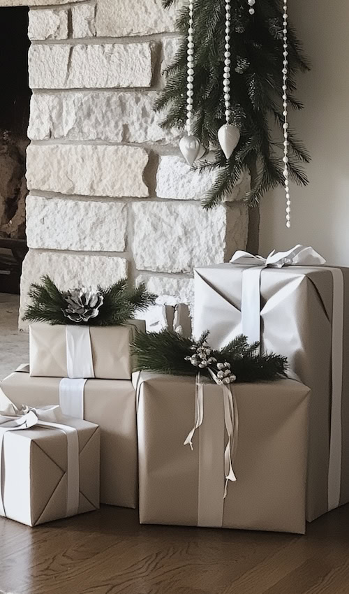 natural stone fireplace beside wrapped gifts in French country cottage decorated for Christmas 