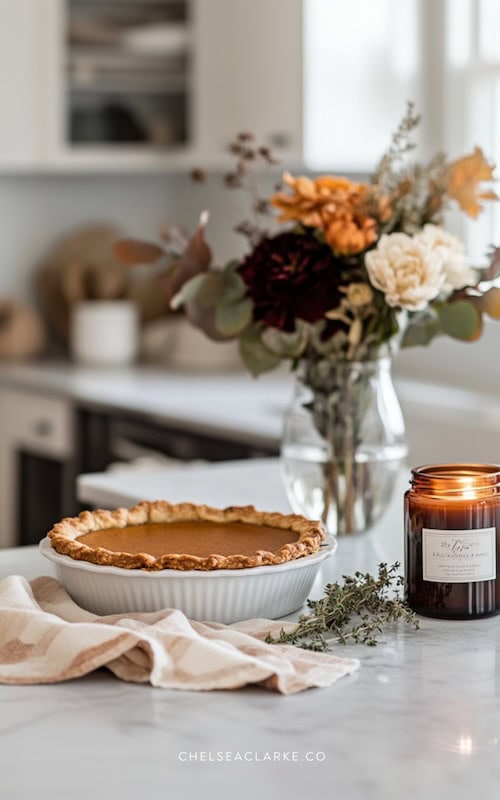 pumpkin pie on a kitchen island example of things to do in October try a Fall recipe