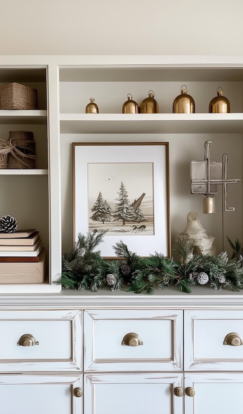 a bookshelf decorated with classy Christmas decor, small faux trees, art and antique bells