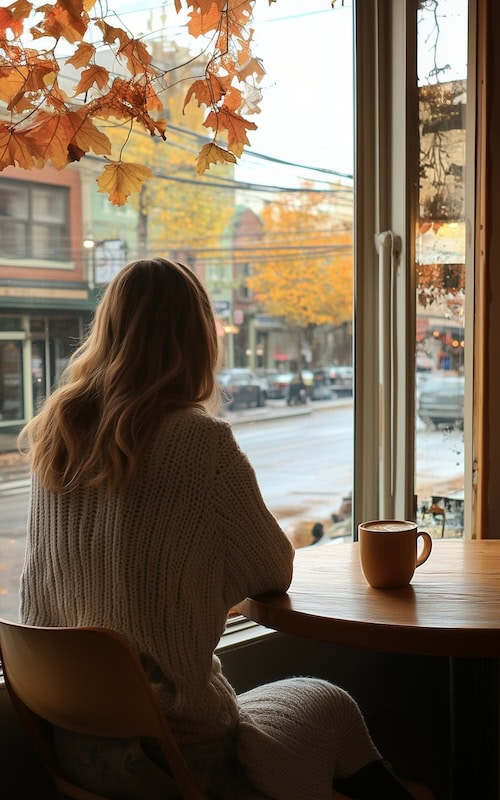 example of someone enjoying a coffee shop on a fall day