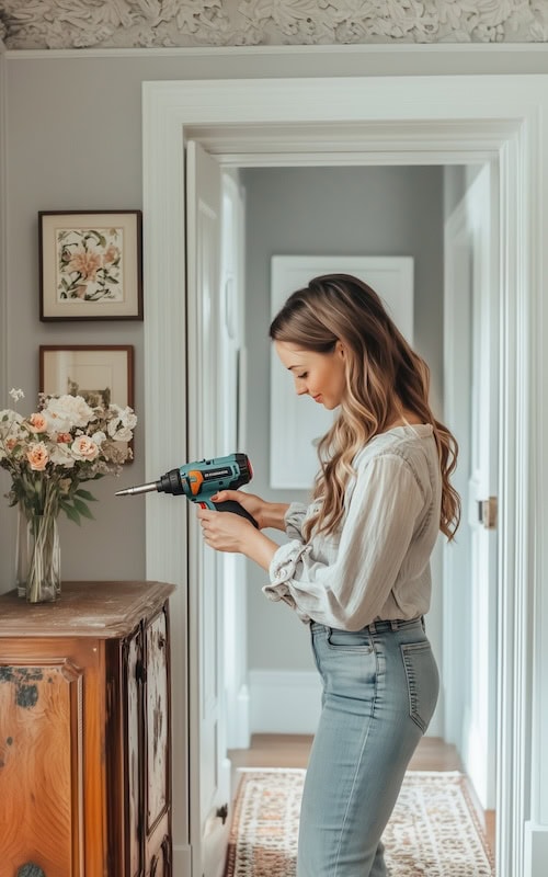 woman holds drill in her hallway and installs a shelf and other home improvement projects in October