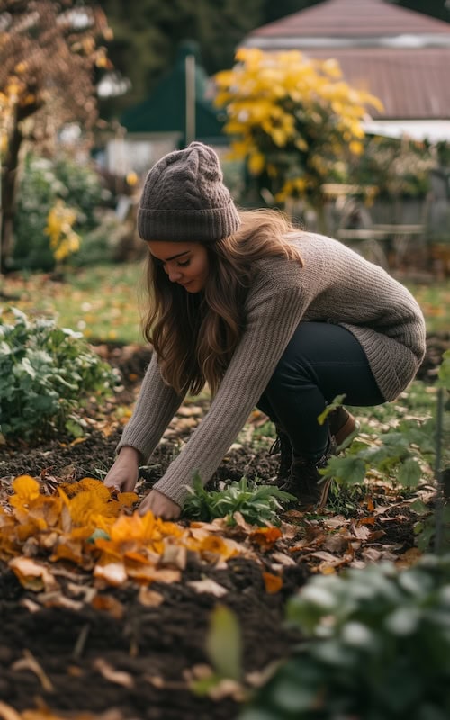 homeowner tends her garden in october