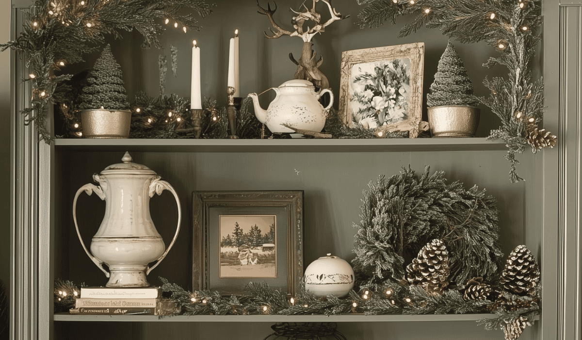 book case decorated with French country Christmas decor