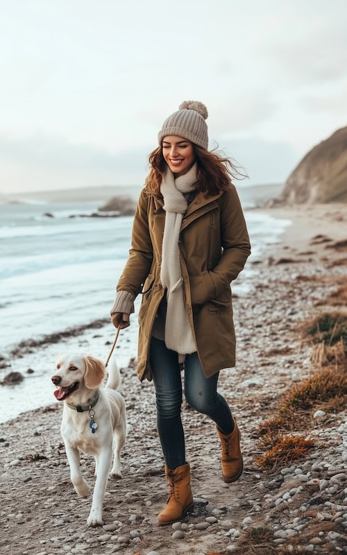 smiling woman walks dog on cold november day