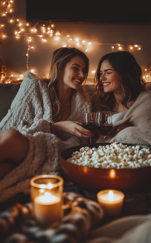 two freinds enjoying a spooky movie night at home in October