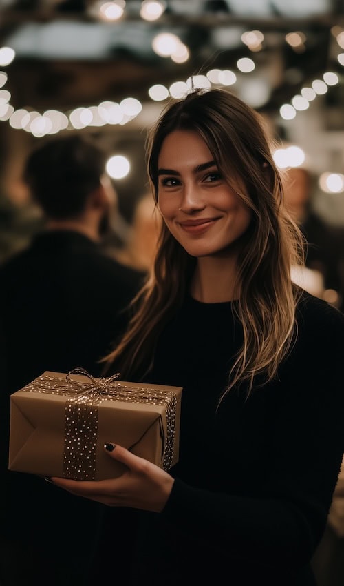 young woman arrives at dinner party holding classy hostess gift ideas box