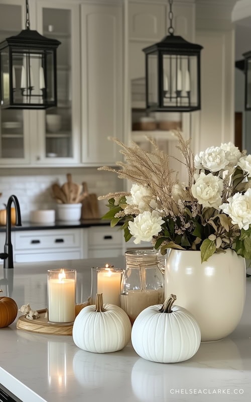 pumpkins and candles in Fall decorating a kitchen