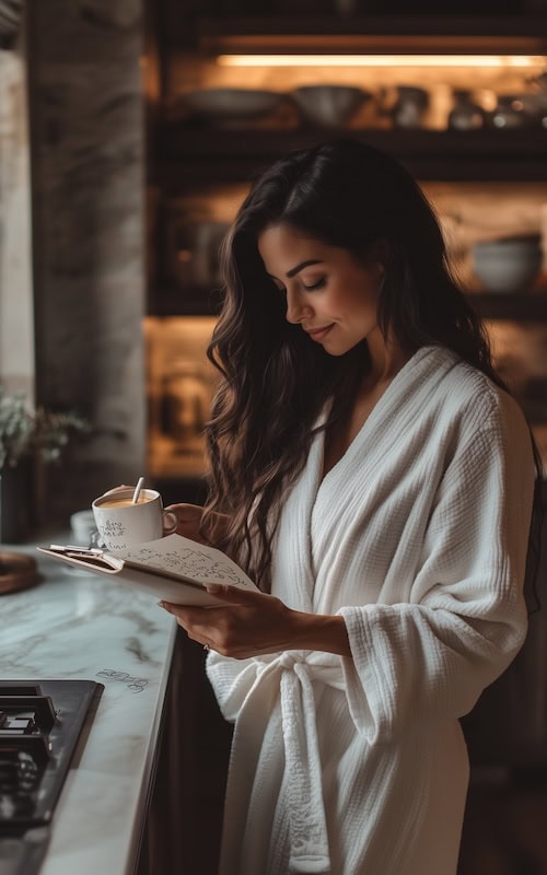 young woman starting her fall morning routine in October 