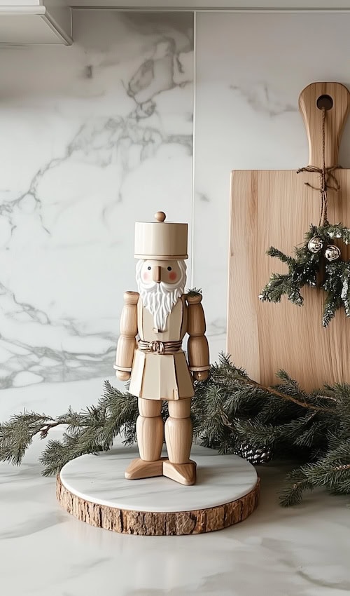 vintage wood nutcracker soldier stands in kitchen beside green garland