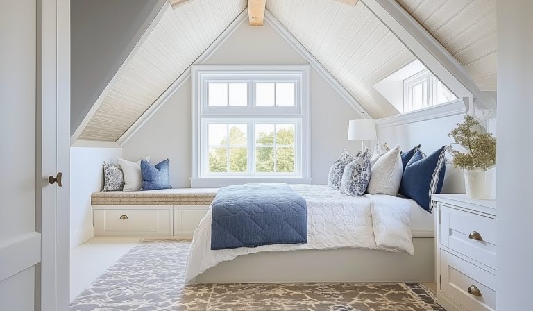 Beautiful attic bedroom is an example of How To Create A Cozy Attic Bedroom In A Low-Ceiling Space Step-By-Step