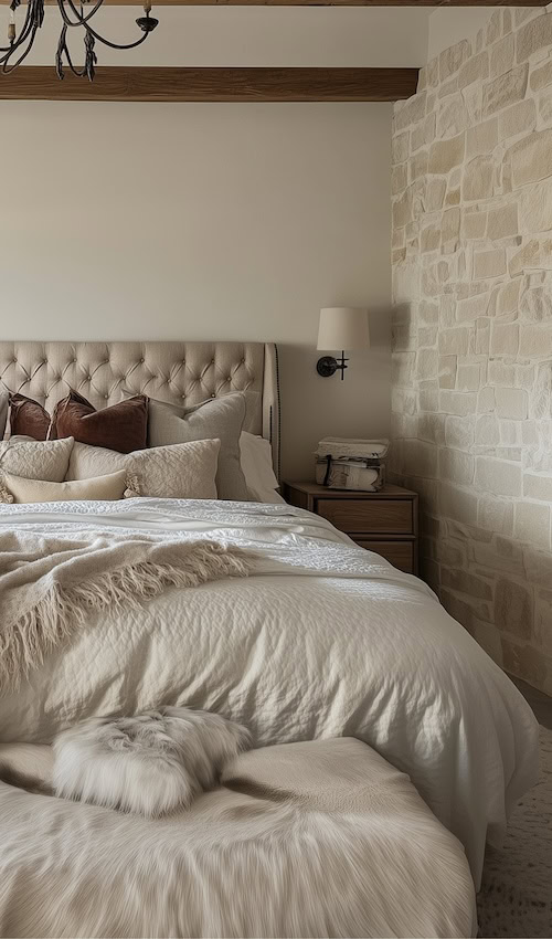 tufted headboard in modern french country bedroom