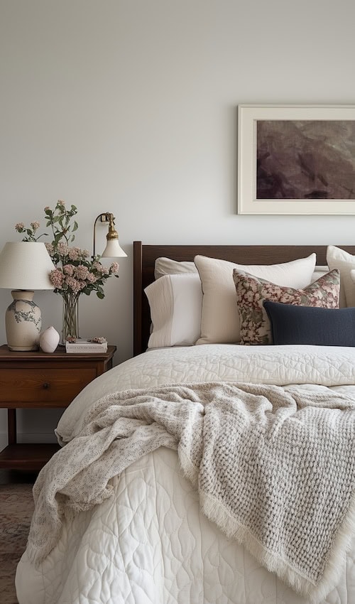 elegant cottage bedroom with layers of cozy bedding