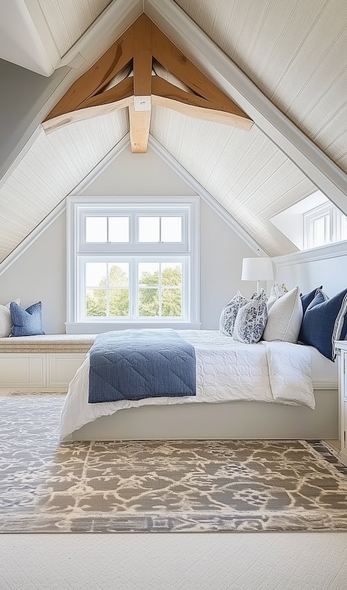 bright coastal attic bedroom with blue accents