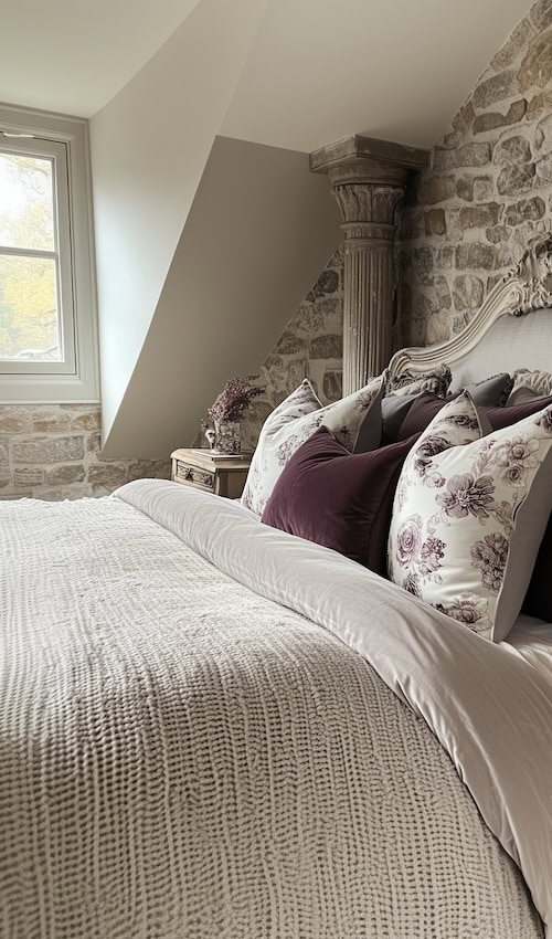 floral pillows in modern french country attic bedroom 