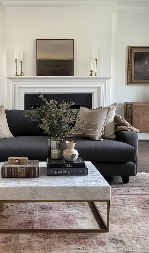 light marble coffee table is a good choice beside a dark grey sofa