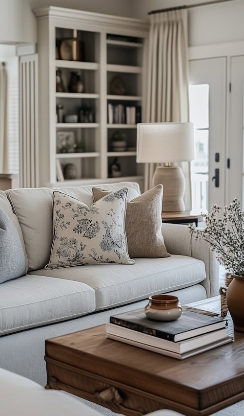 how to choose the right color decor to style a living room with a light grey sofa