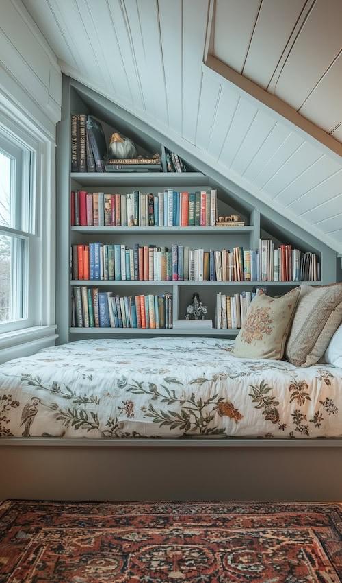 creative bookshelf wall in attic bedroom