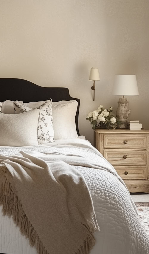 vintage inspired headboard brings character to a bedroom