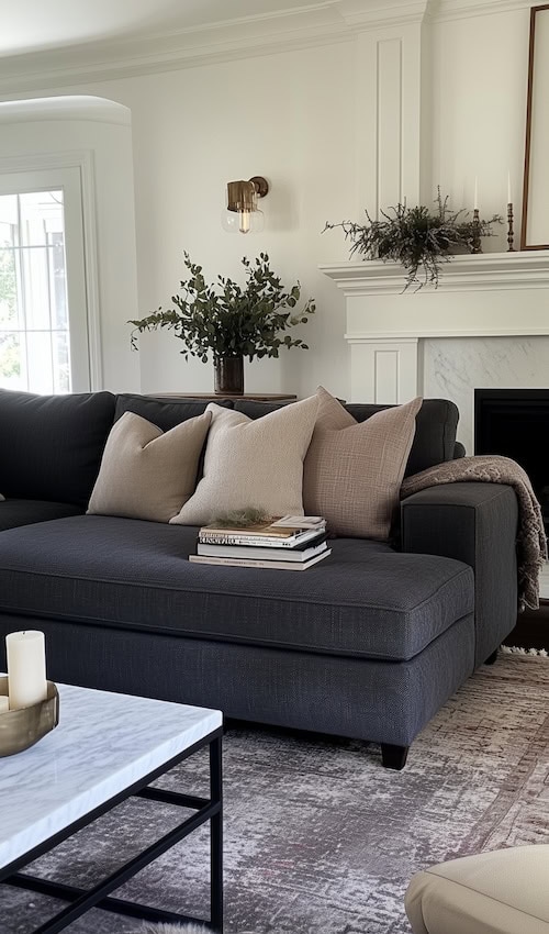 example of earth tone pillows look great on a charcoal grey couch