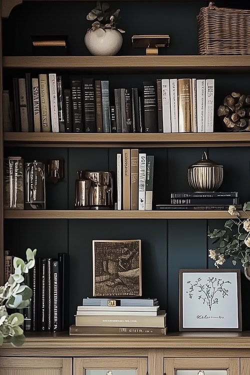 a shelf with books and objects on it example of elegant shelf ideas using the rule of 3s