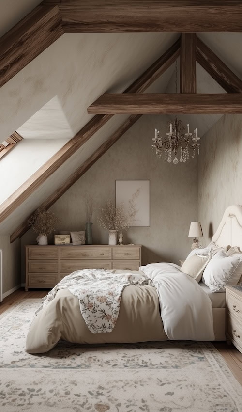 chandeleier in modern french country cottage style attic bedroom