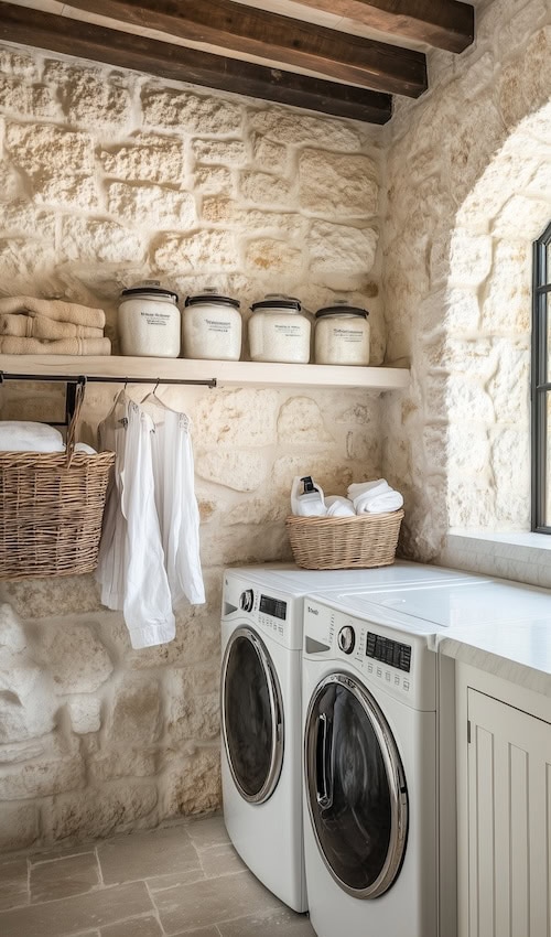 stonre wall in french country cottage laundry room renovation