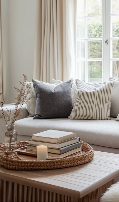 coffee table decor beside grey couch