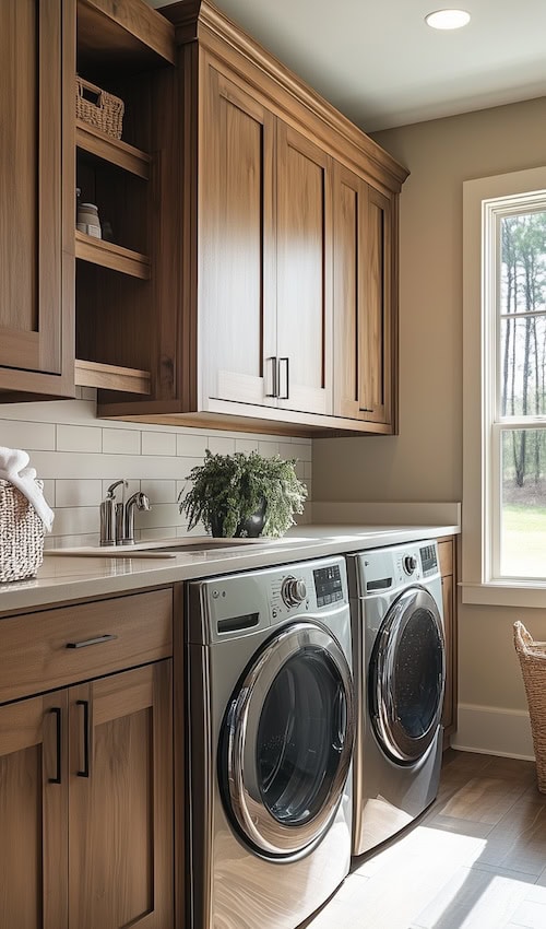 wood cabinets modern laundry room makeover