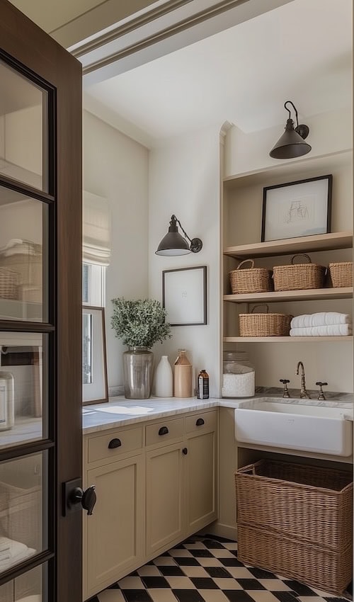 built-in shelving in laundry room makeover