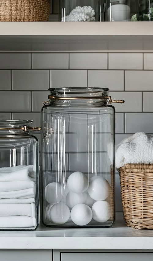 glass jars hold laundry accessories