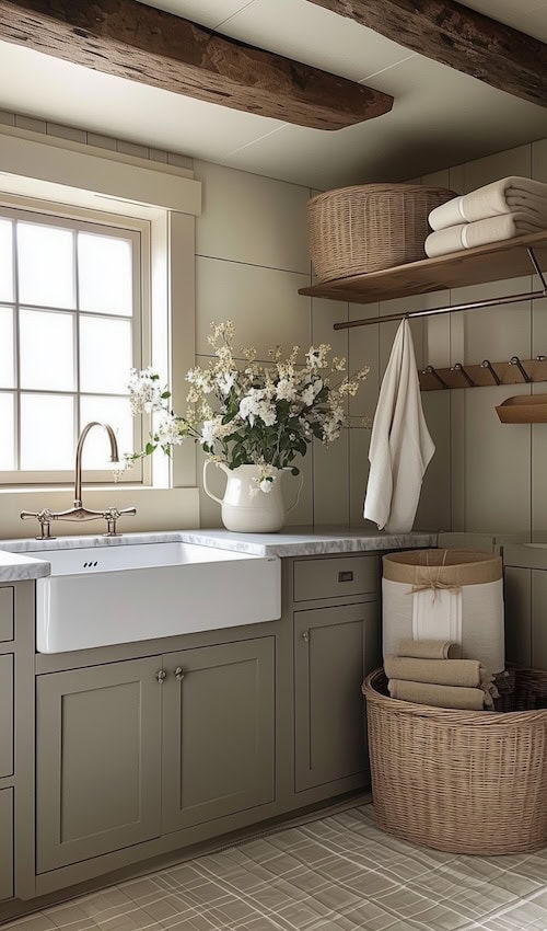 fresh flowers in laundry room beside laundry room storage ideas