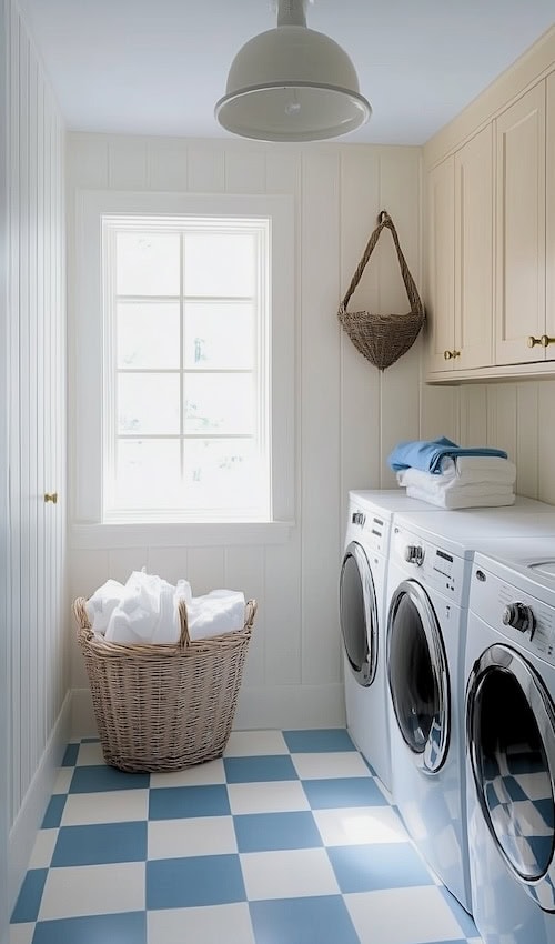 blue and white tiles in laundry room renovation