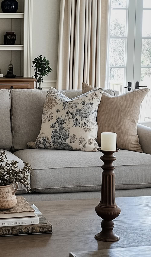 floral pillows on a grey sofa always look classic