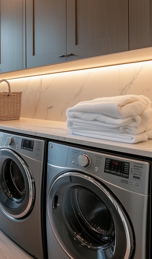 LED under cabinet lighting in luxury laundry room