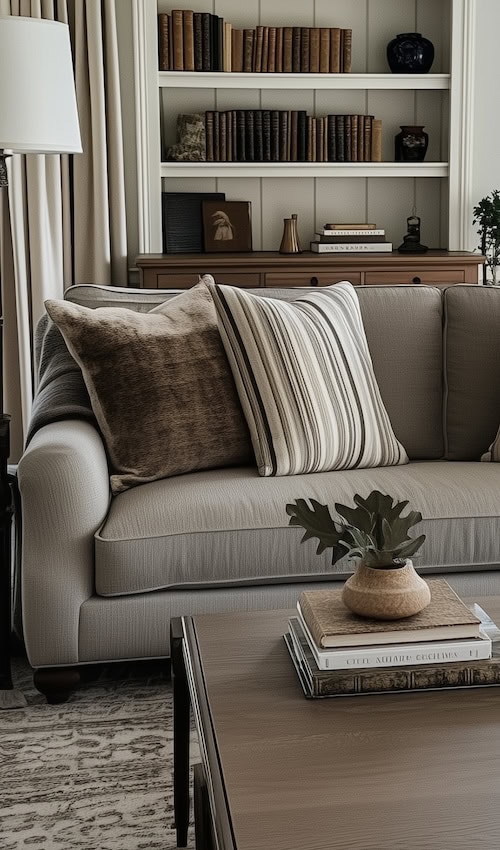 dark wood coffee table paired with light grey sofa creates visual interest in a living room