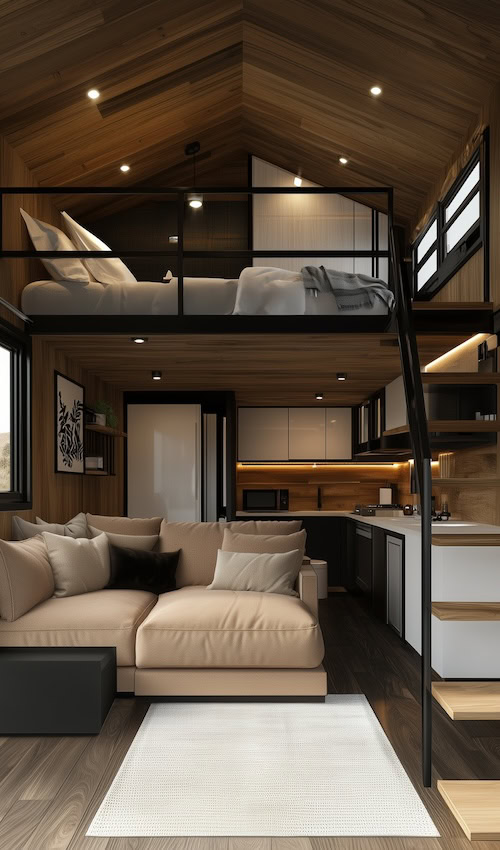 interior of luxury tiny homes - modern tiny home with loft bed