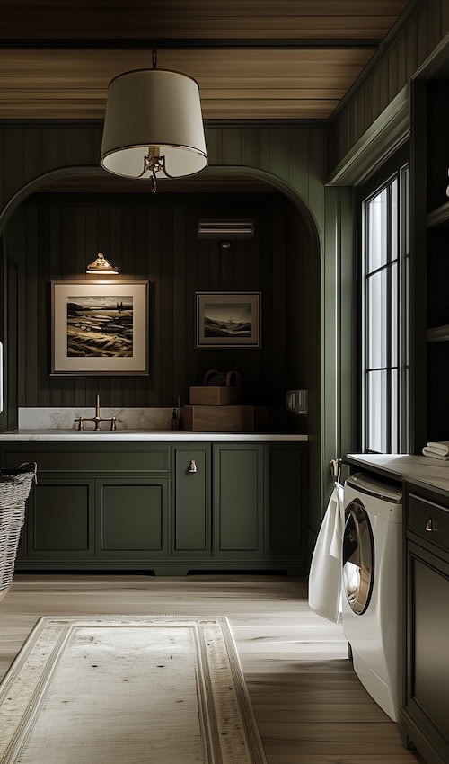 moody laundry room with dark green walls in character home