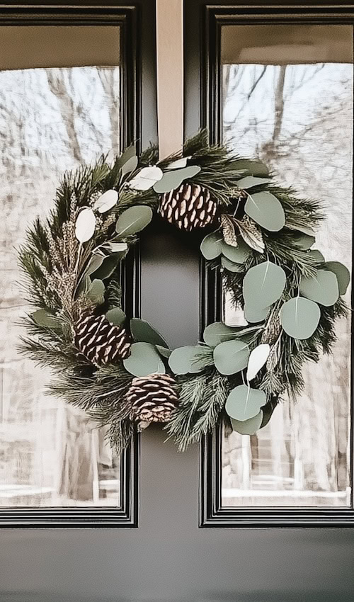 Organic Modern Christmas Wreath made from natural materials, lambs ear leaves and pinecones