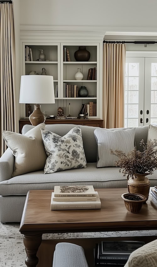 example of fun pillow combinations for living room with grey sofa